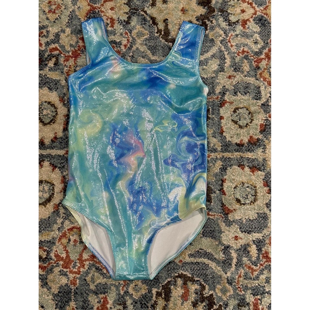 Leotard Girls 9Y Blue Marble Metallic‎ Criss Cross Back EUC